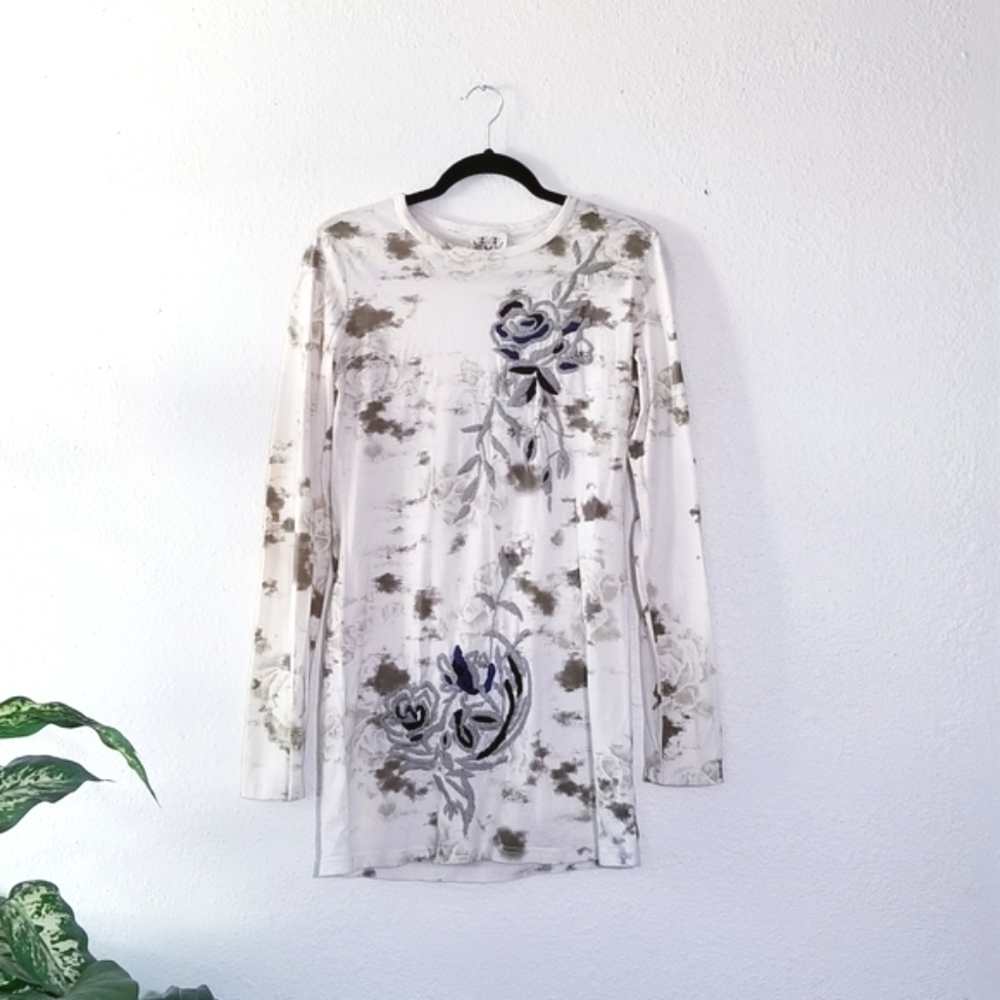 MISS ME Floral Embroidered Tie Dye Long Sleeve Top L